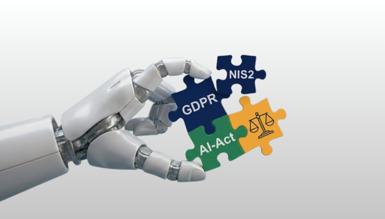 Robothand som håller pusselbitar med NIS2, GDPR och AI-Act.