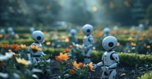 Robotar på en äng med blommor