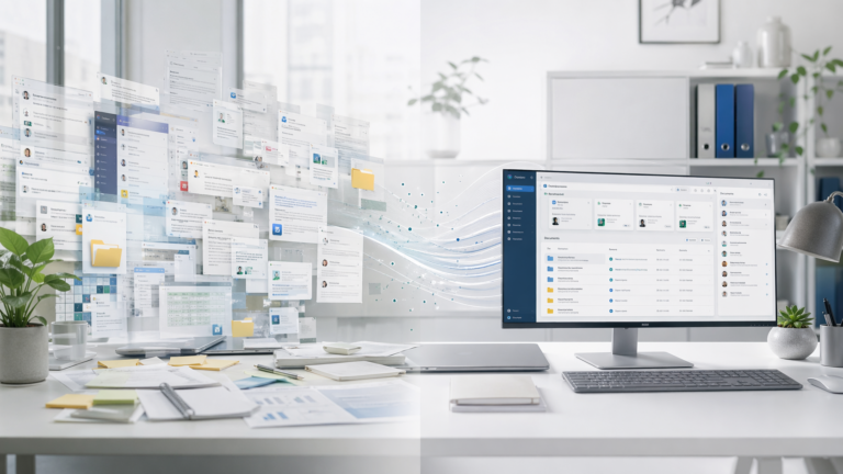 Illustration av hur ett rörigt informationsflöde i Microsoft 365 går från kaos till ordning i en modern digital arbetsmiljö.